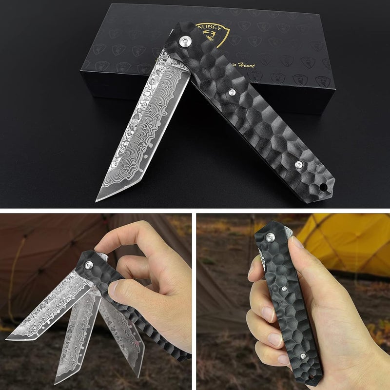 AUBEY Damascus Pocket Knife, Tanto VG10 Core Damascus Steel Folding Knives with Ball Bearing, Aluminum Alloy Non-Slip Handle and Glass Breaker, EDC Damascus Knife for Men Women (Black) - Image 4
